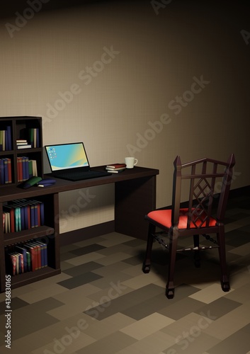 アンティーク調の部屋 本棚とノートパソコン 3DCGレンダリング