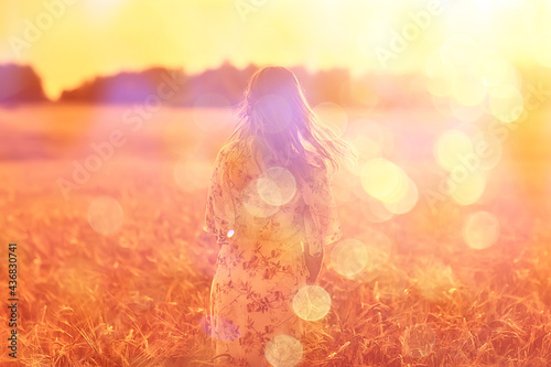 field wheat sunset girl, summer landscape, outdoor activity concept abstract freedom woman © kichigin19