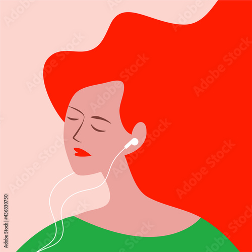 vector flat design illustration of a girl with earphones in her ears listening to a podcast, audio book or music in trendy colors. useful for advertising music channel, podcast, online music services