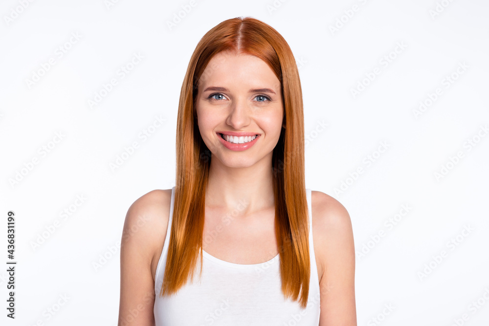 Photo of cheerful ginger hairdo lady wear white top isolated on bright color background Photo of cheerful ginger hairdo lady wear white top isolated on bright color background