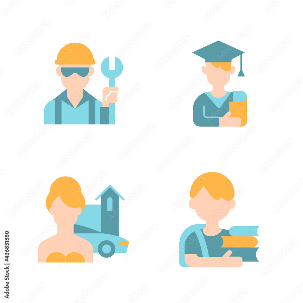 People avatars vector flat color icon set. Blue collar worker. Male student. Upper class woman. School boy. Person avatar. Cartoon style clip art for mobile app pack. Isolated RGB illustration bundle