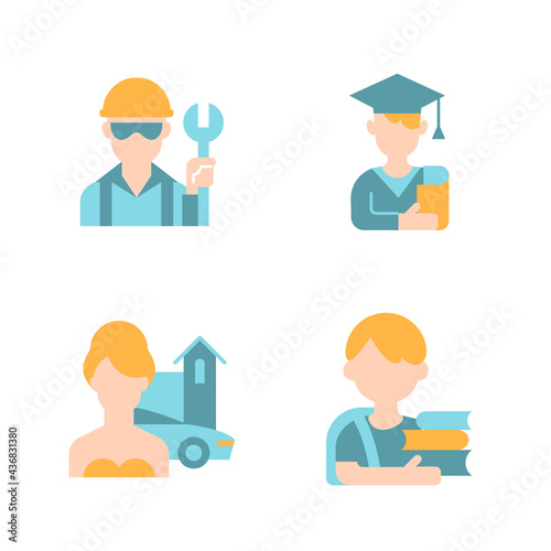 People avatars vector flat color icon set. Blue collar worker. Male student. Upper class woman. School boy. Person avatar. Cartoon style clip art for mobile app pack. Isolated RGB illustration bundle