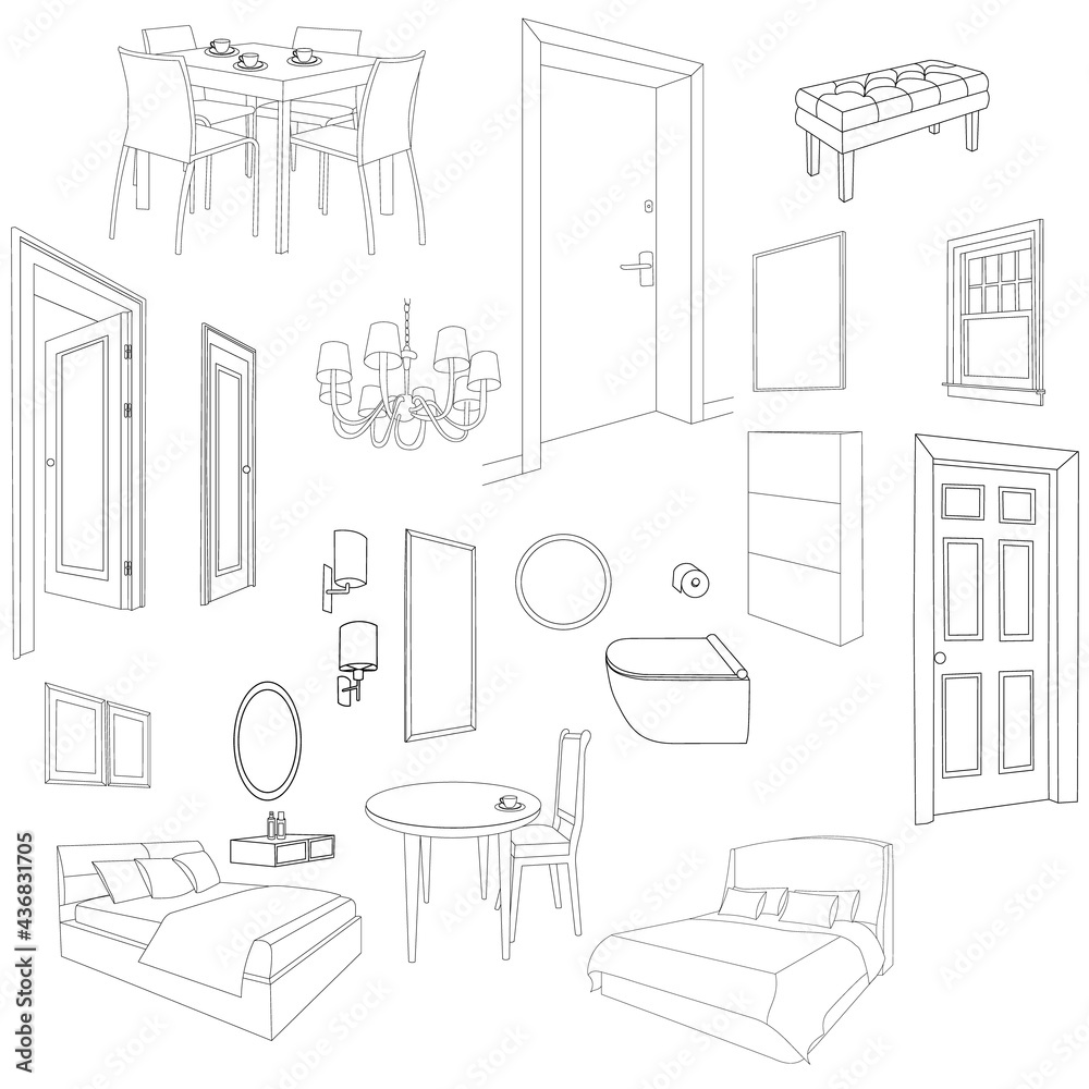 set of furniture in the apartment, sketch, vector set of furniture in the apartment, sketch, vector