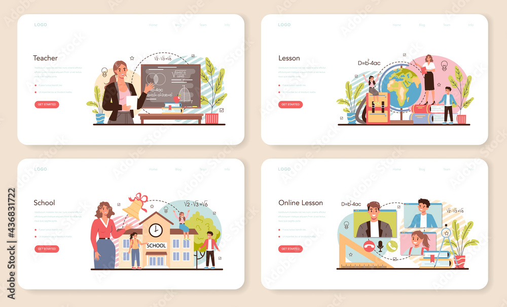 Teacher web banner or landing page set. Professor giving a lesson in a classroom