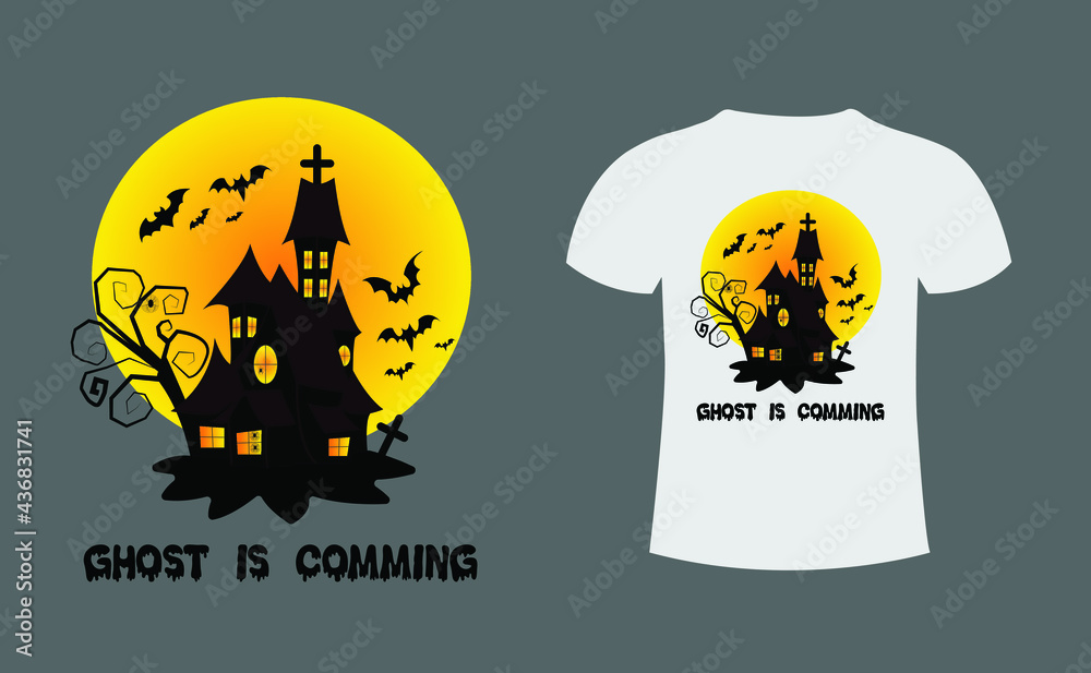 illustration of a Halloween Drakulas Castel T-shirt design.  Bat with ghosts castle in dark night with horror tree. Halloween horror T-Shirt illustration. ghost t-shirt design. 