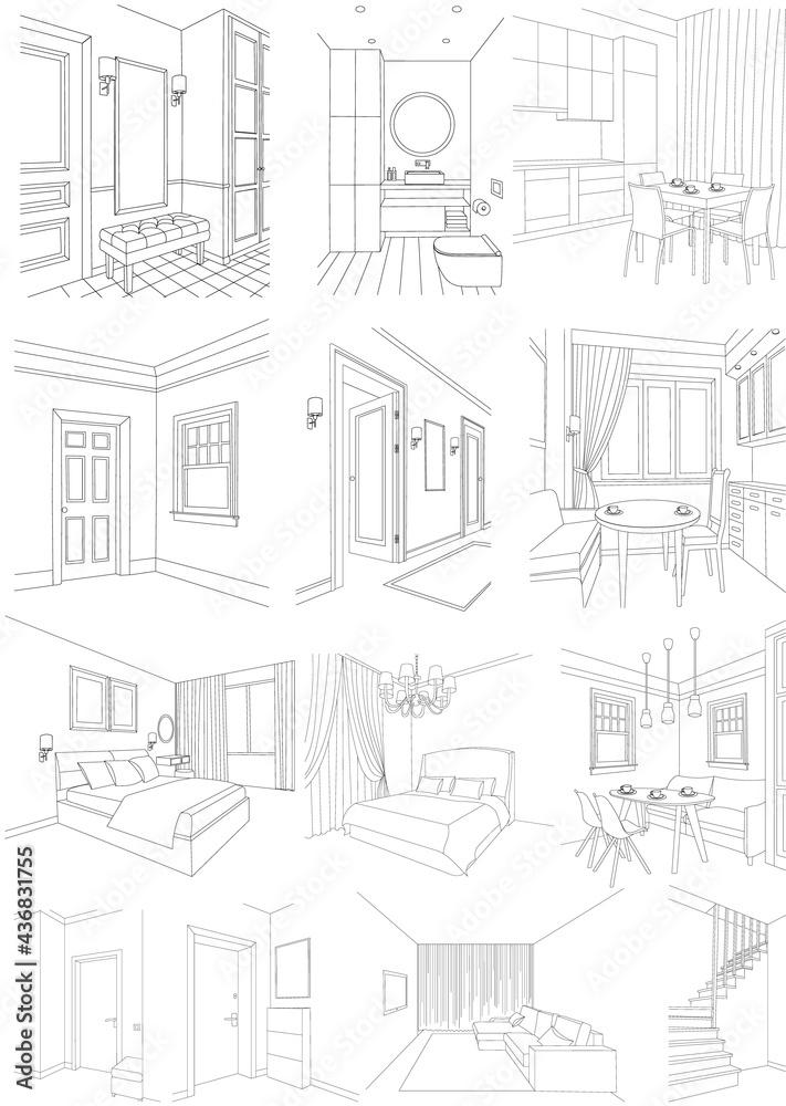 set of interior bedroom, hallway, bathroom, sketch