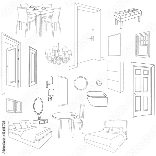 set of furniture in the apartment, sketch, vector