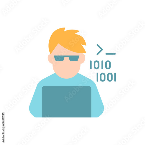 Programmer vector flat color icon. Computer expert. Man coding on laptop. Freelance software developer at work. Person avatar. Cartoon style clip art for mobile app. Isolated RGB illustration