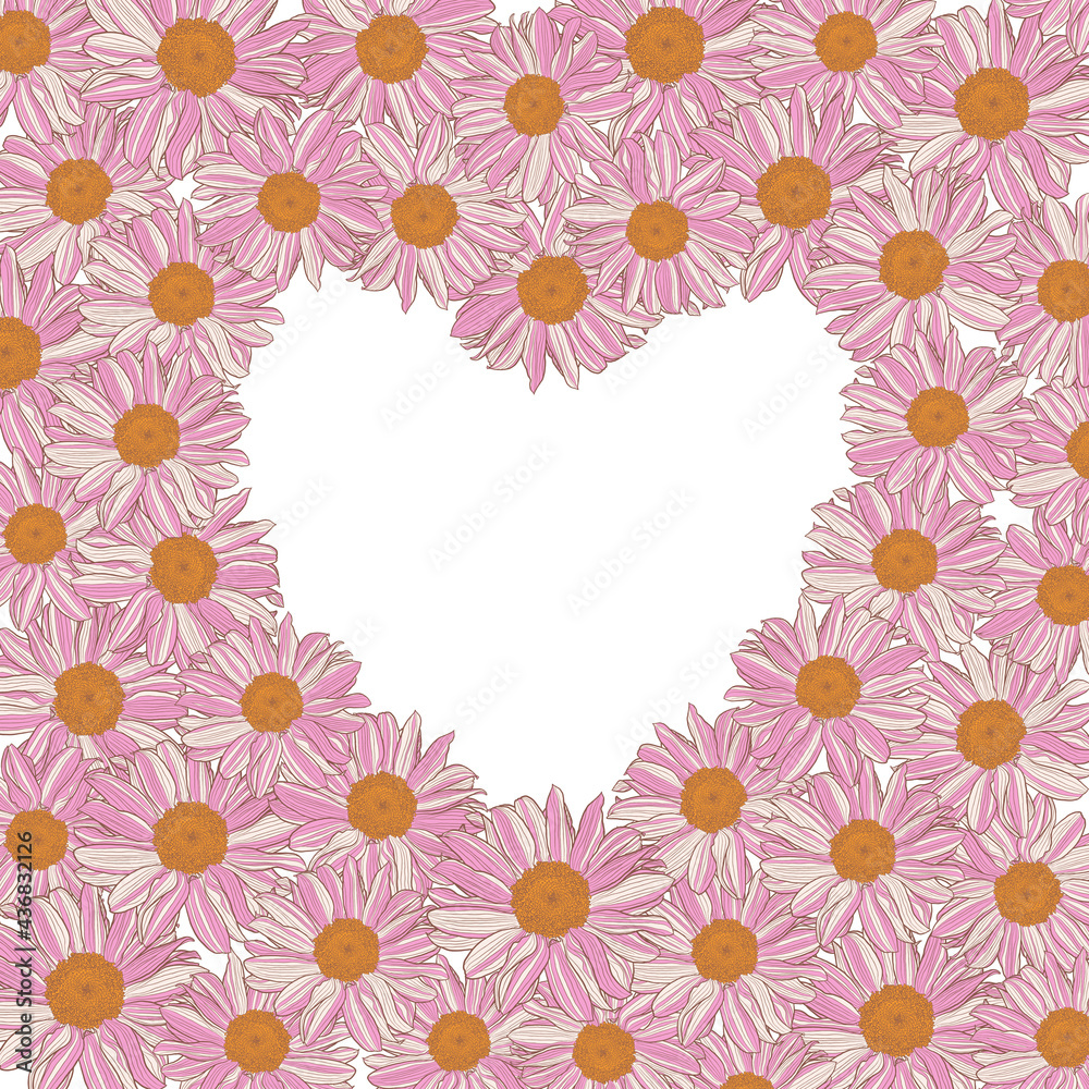 Floral frame of white-pink-yellow daisies in the shape of heart on white background. Vector illustration element with copy space for greeting cards, invitations wedding, birthday, packaging.