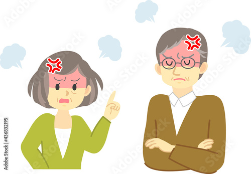 イラスト素材：喜怒哀楽　激怒するシニア夫婦の上半身　怒りマーク付き

