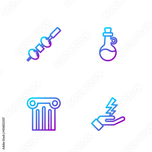 Set line Zeus, Ancient column, Olive and cheese on chopstick and Bottle of olive oil. Gradient color icons. Vector