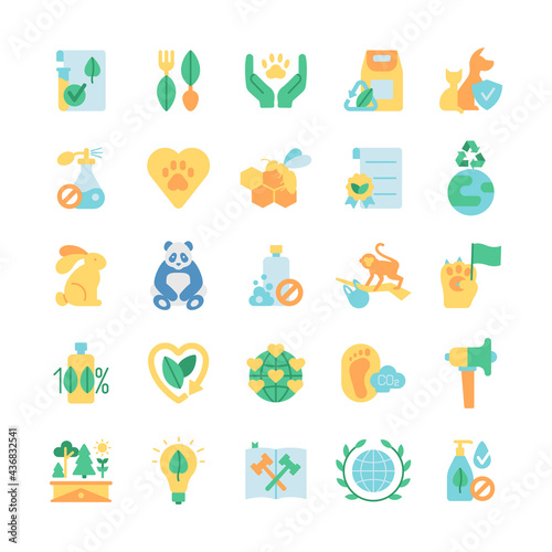 Ecology and wildlife protection vector flat color icon set. Zero waste. Green activism. Bio product, natural and organic. Cartoon style clip art for mobile app pack. Isolated RGB illustration bundle