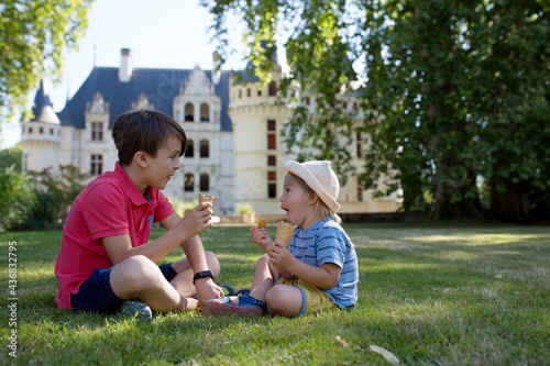 Cute children, boy brothers, eating ice cream in gardens of Azay Le Rideau castle on Loive Valley photo