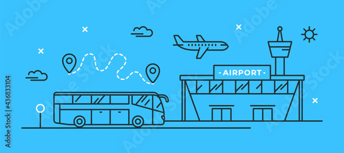 Vector illustration with an airplane in the sky, an airport building and a bus stop. Transfer concept. The route of the trip. 