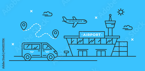 Vector illustration with airplane in the sky, airport building and taxi van. Transfer concept. The route of the trip. Stylish linear icons of airport terminal and minibus.