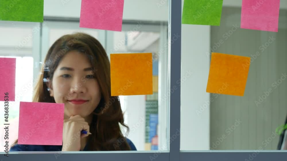 Creative design woman use sticky note thinking share ideas. Woman present talking use sticky notes post, present ideas. Office partner brainstorming teams with business partner meeting, share ideas. Creative design woman use sticky note thinking share ideas. Woman present talking use sticky notes post, present ideas. Office partner brainstorming teams with business partner meeting, share ideas.