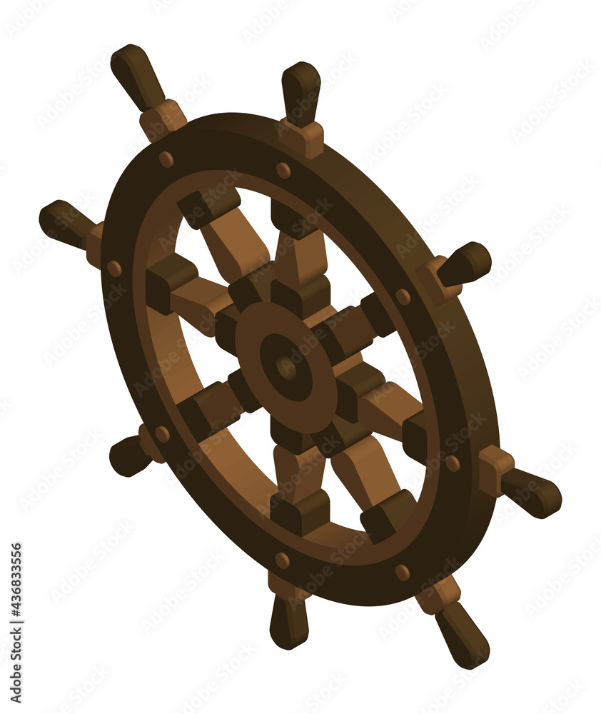 3D steering wheel ship, fishing boat. Yacht management at sea. Isometric vector