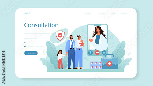 Family doctor web banner or landing page. Healthcare, modern medicine