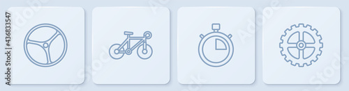 Set line Bicycle wheel, Stopwatch, and sprocket crank. White square button. Vector