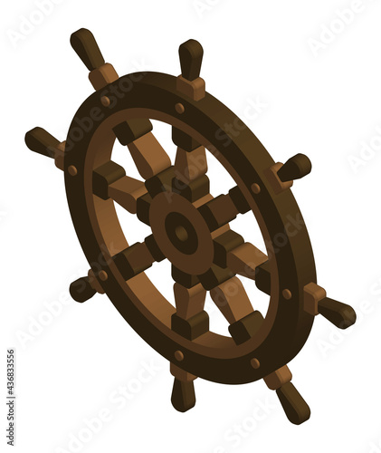 3D steering wheel ship, fishing boat. Yacht management at sea. Isometric vector