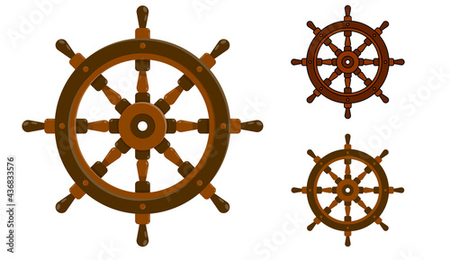 Steering wheel ship icon, fishing boat. Yacht management at sea. Flat color vector with stroke in different styles