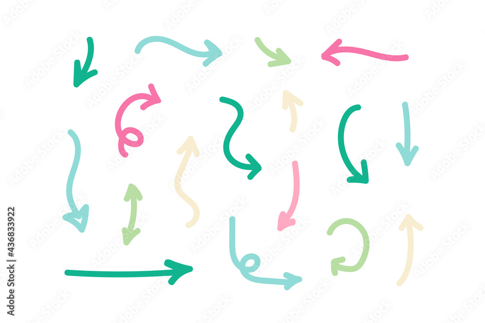 Set, collection of colorful hand drawn, doodle arrows isolated on white background. Set, collection of colorful hand drawn, doodle arrows isolated on white background.