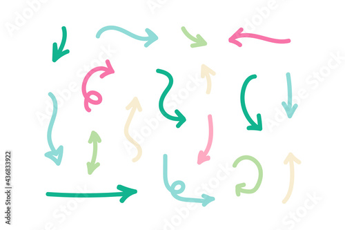 Set, collection of colorful hand drawn, doodle arrows isolated on white background.