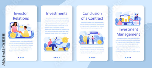 Investor relations mobile application banner set. Investings involvement