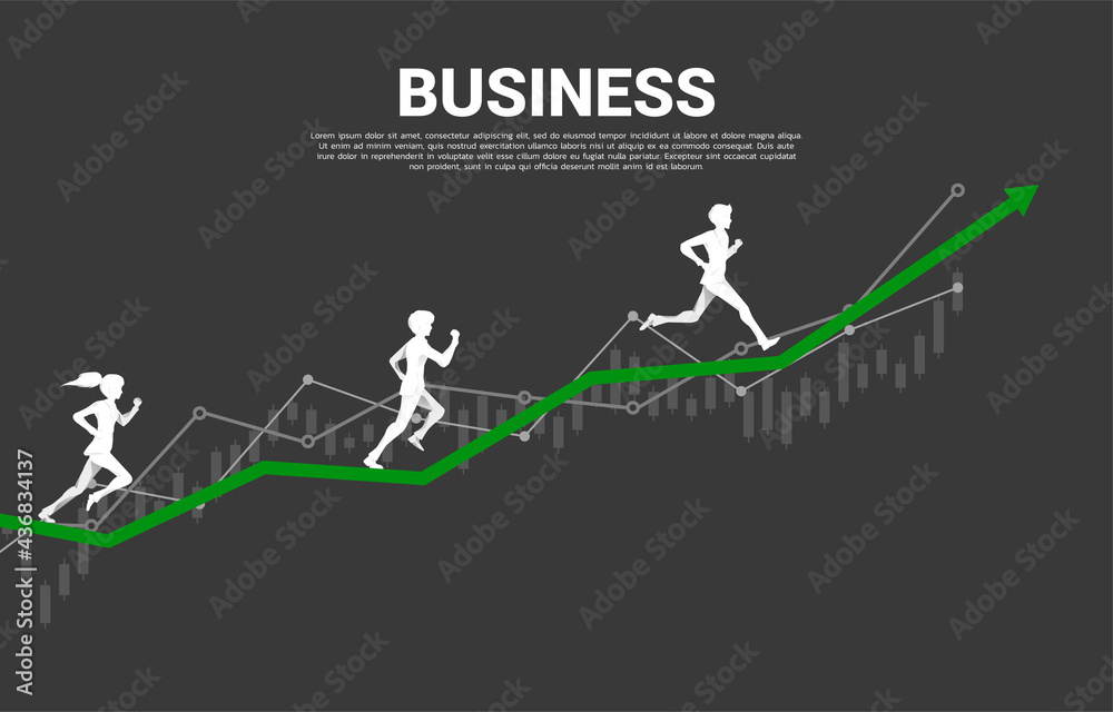 Obraz premium Silhouette of businessman and businesswoman running on graph. business concept of success in business