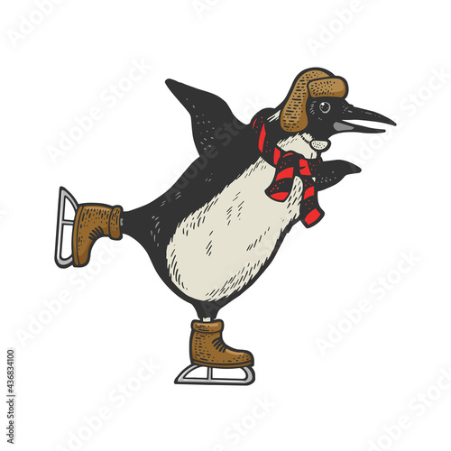 penguin on skates color line art sketch engraving vector illustration. T-shirt apparel print design. Scratch board imitation. Black and white hand drawn image.