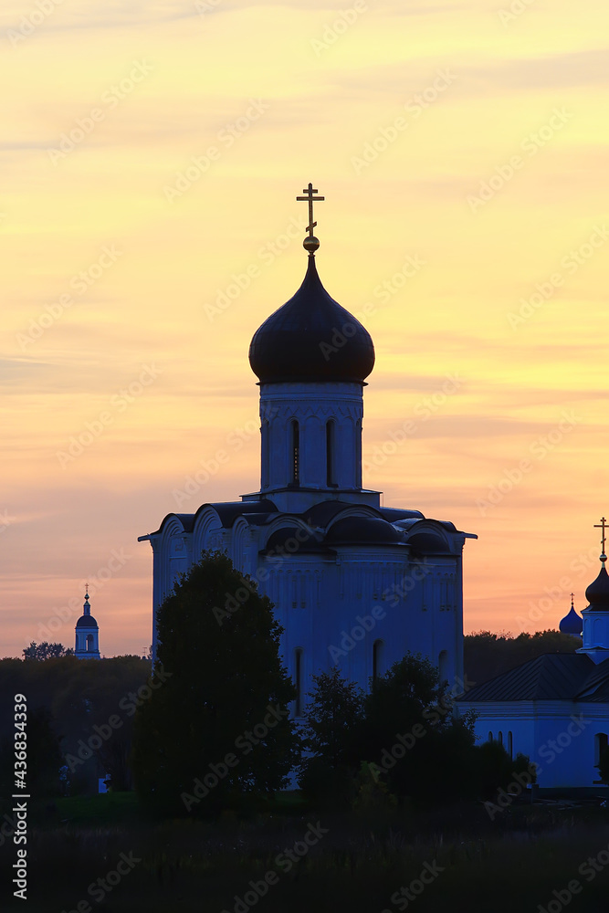cover on the nerl, landscape church at sunset sun and sky, golden ring vladimir view