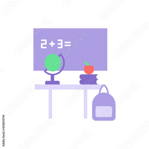 Primary school vector flat color icon. Preschool classroom with chalkboard and teachers desk. Education and studying. Cartoon style clip art for mobile app. Isolated RGB illustration
