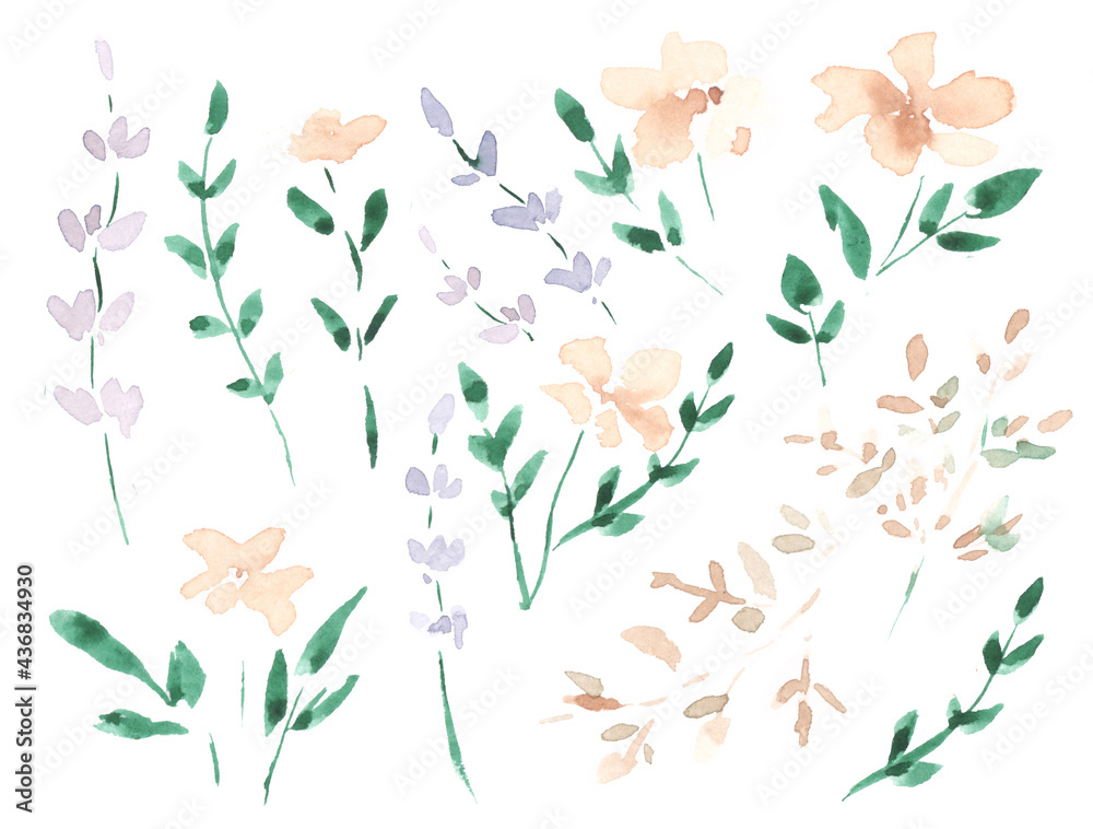 set for a bouquet and patterns of watercolor flowers and leaves