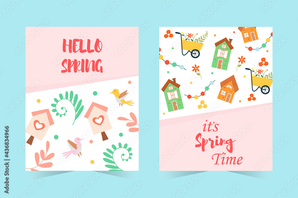 Set of spring banners. Hello spring with lettering, cute houses, birds, birdhouses, flowers and more. Cute hand-drawn illustration.