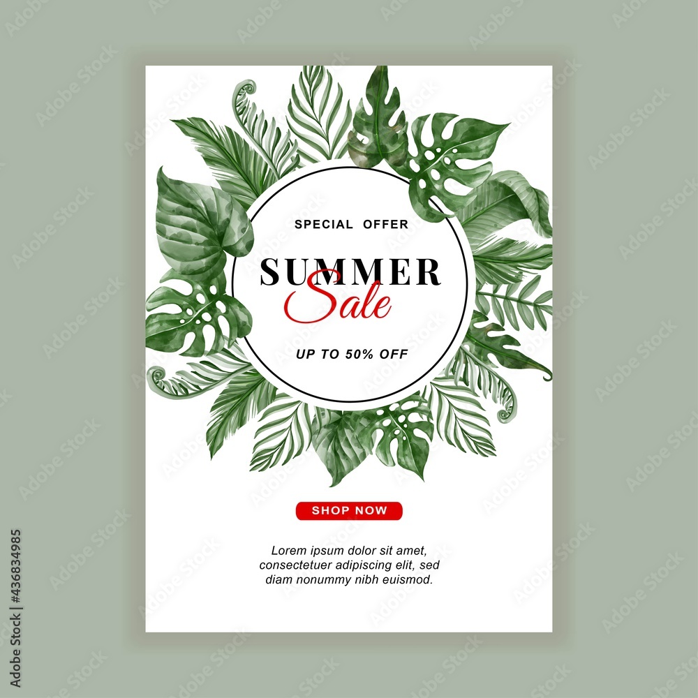 summer sale banner with greenery tropical leaf watercolorsummer sale banner flyer with greenery tropical leaf watercolor