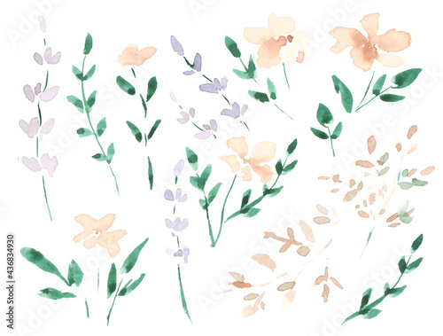 set for a bouquet and patterns of watercolor flowers and leaves