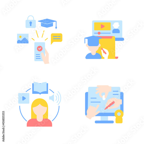 E learning vector flat color icon set. Skill development resources online. Tutorials and courses on internet platform. Cartoon style clip art for mobile app pack. Isolated RGB illustration bundle