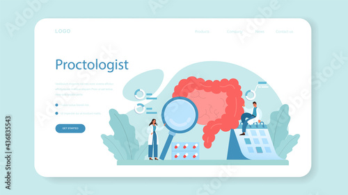 Proctologist web banner or landing page. Doctor examine intestine.