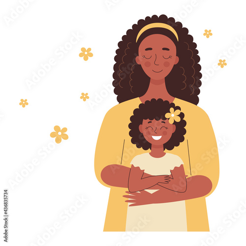 Beautiful African black woman holds a baby in her arms, mom hugs her children. Mother's day, women's day. Flat vector illustration isolated on white background.