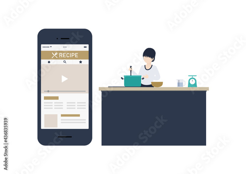 レシピサイトを見ながら料理をする日本人女性のイラスト素材