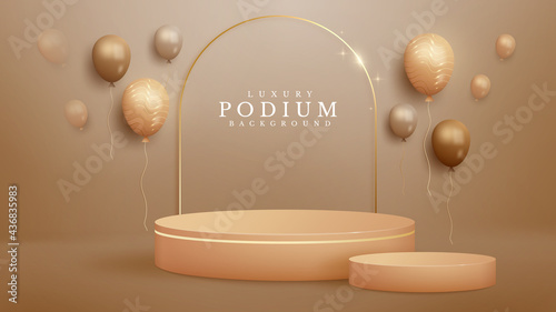 Realistic brown color product podium with balloon and golden curve line sparkle. Luxury 3d style background concept. Vector illustration for promoting sales and marketing.