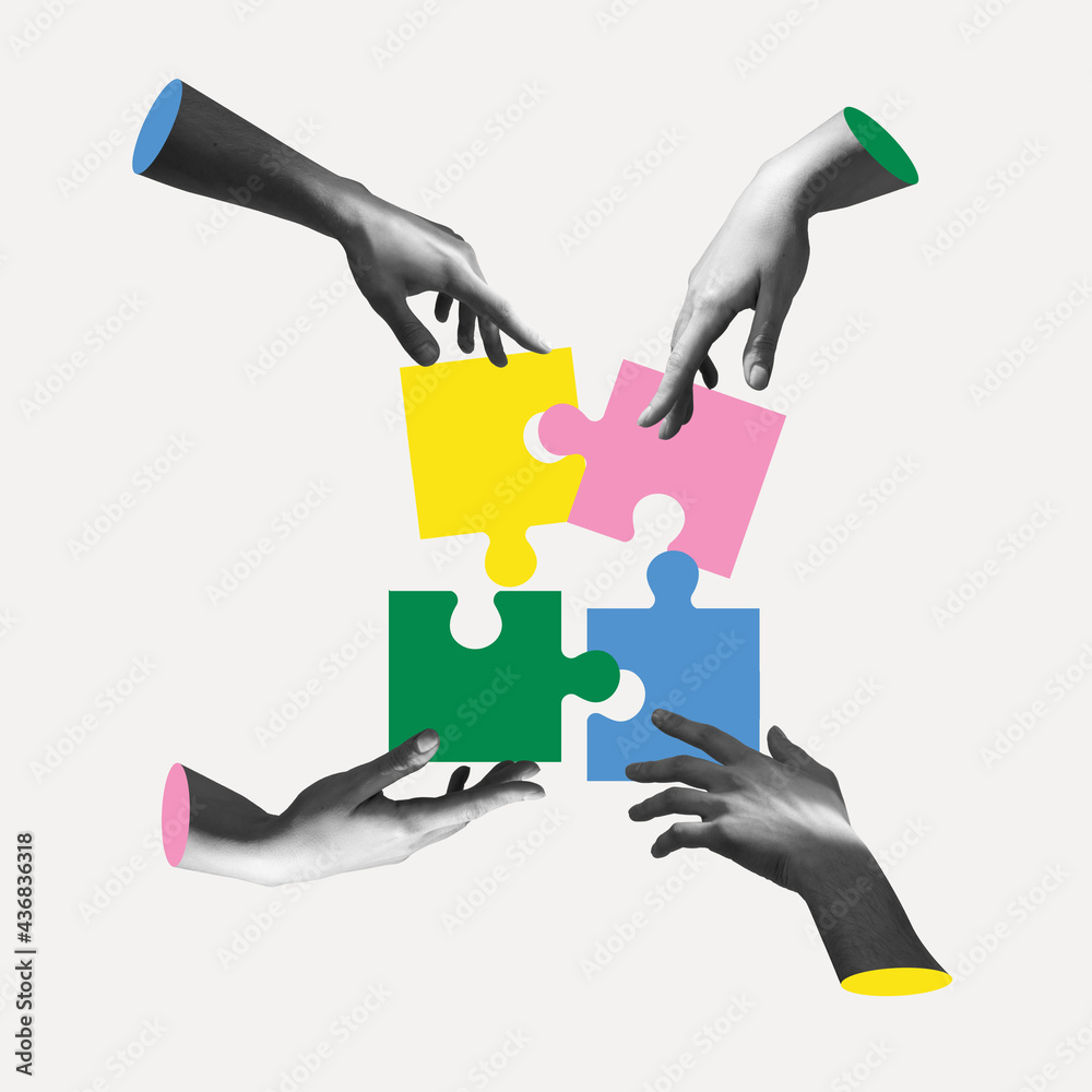 Hands aesthetic on light background with colored puzzles, artwork. Concept of business, community, professional occupation, symbolism, surrealism. - obrazy, fototapety, plakaty 