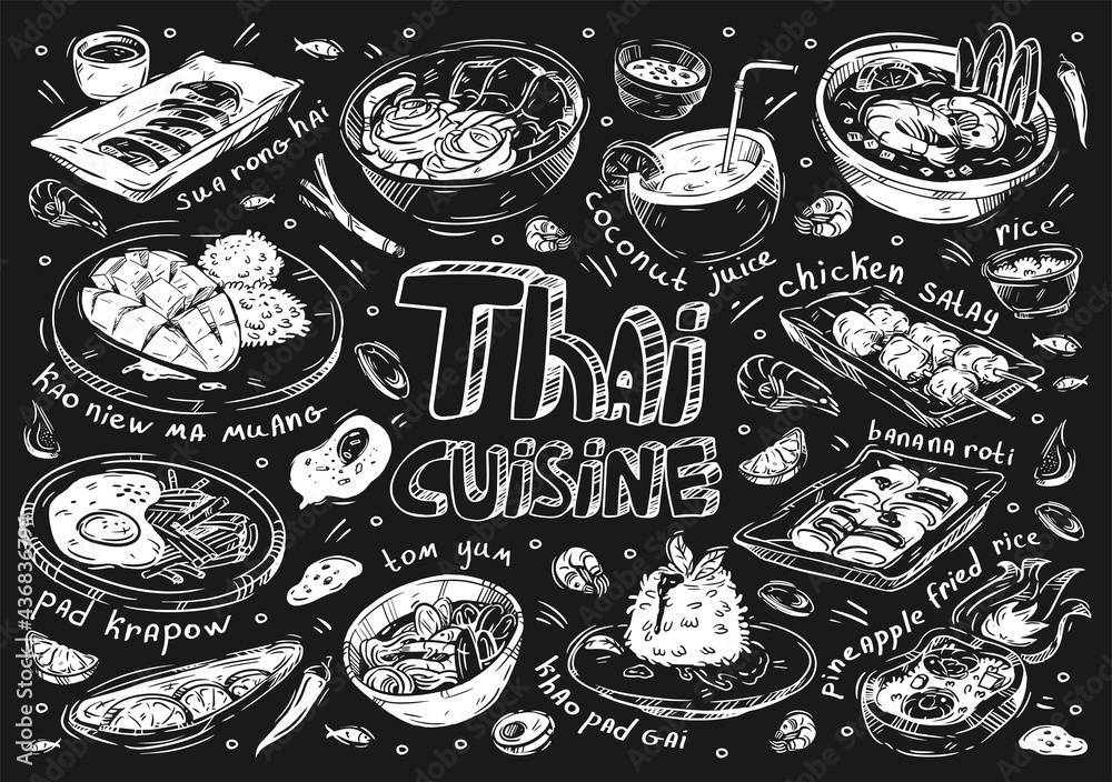Hand drawn vector illustration food. Doodle Thai cuisine: meat sua rong hai, kaoniew ma muang, pad krapow, tom yum soup, khao pad gai, pineapple fred rice, banana roti, chicken satay, coconut juice