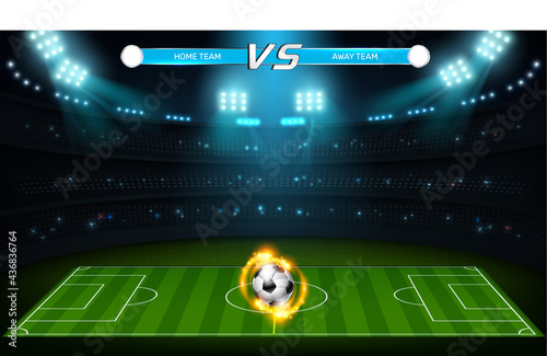 Soccer playing field at night with illuminate bright stadium lights, green grass and tribunes. Realistic football arena. Vector illustration background for football championship or match team. EPS10