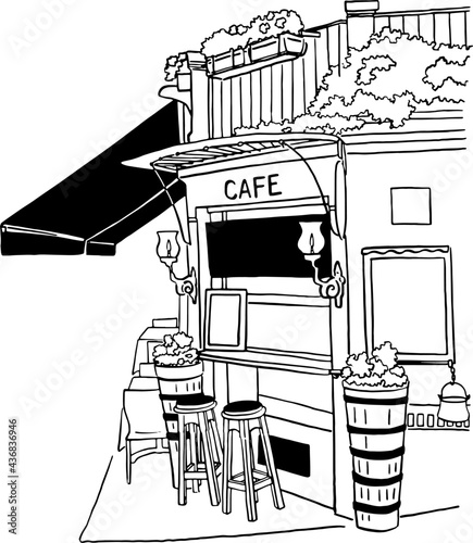 Cafe restaurant in old town Front shop with table and seat Hand drawn vector illustration