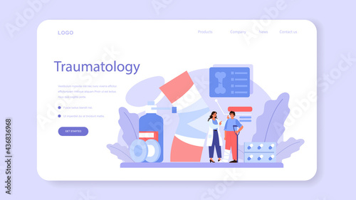 Traumatologist web banner or landing page. Injured limb, broken bone