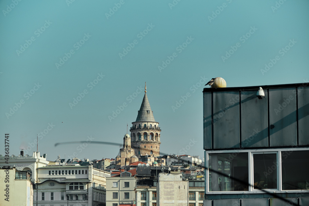 Obraz premium 03.03.2021. istanbul turkey. Top of the galata tower early in morning from galata bridge behind the fishing rods.