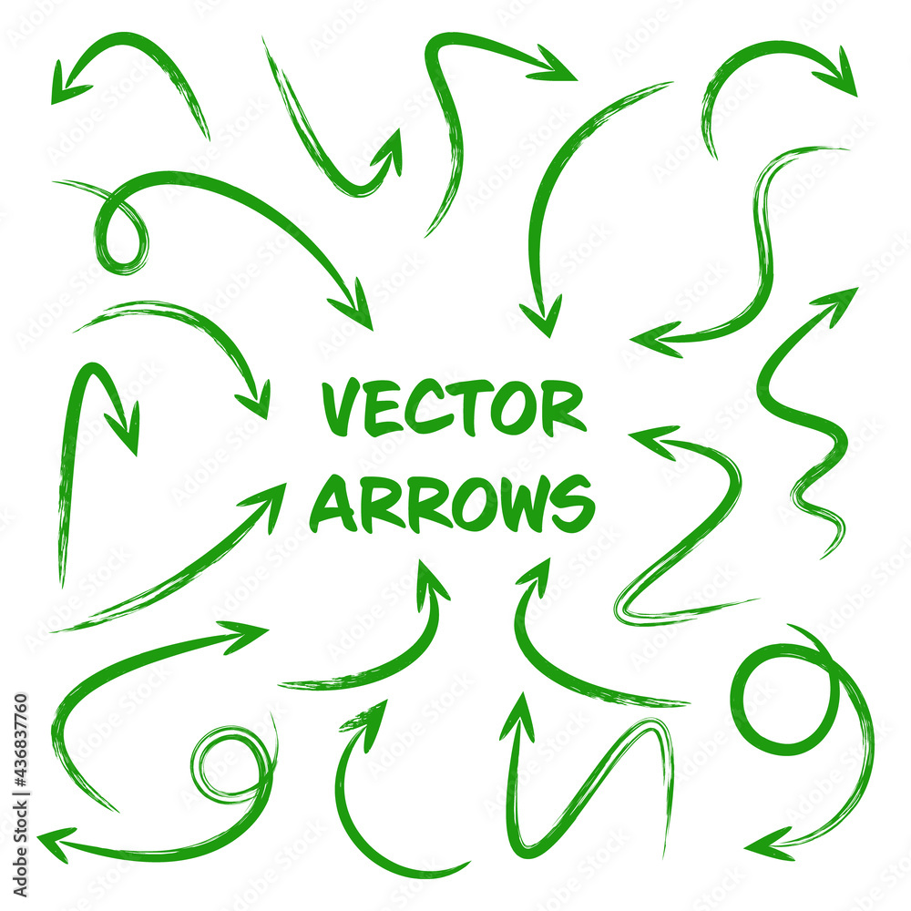 Obraz premium Green hand drawn arrows isolated on white background. Doodle arrow, zigzag and round pointers. Handmade sketches of direction symbols. Vector illustration.