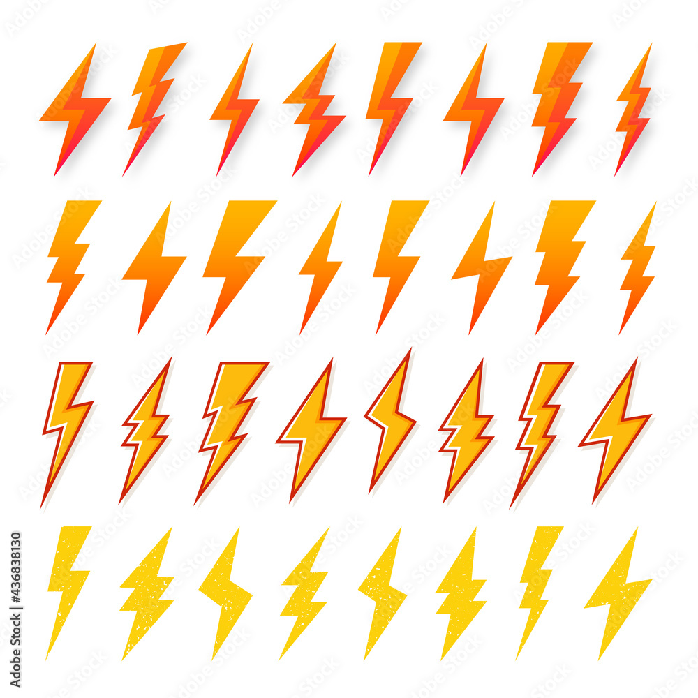 Yellow and orange lightning bolt icons isolated on white background ...