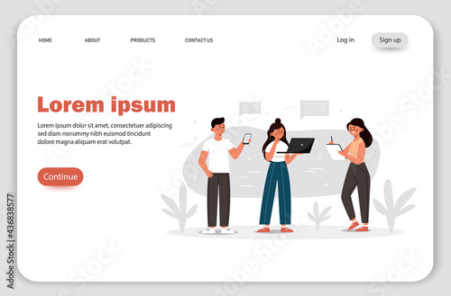 Landing page, Digital device users spending time together. People with a computer, tablet, and smartphone. Vector illustration for web browsing, internet surfing, public access concept